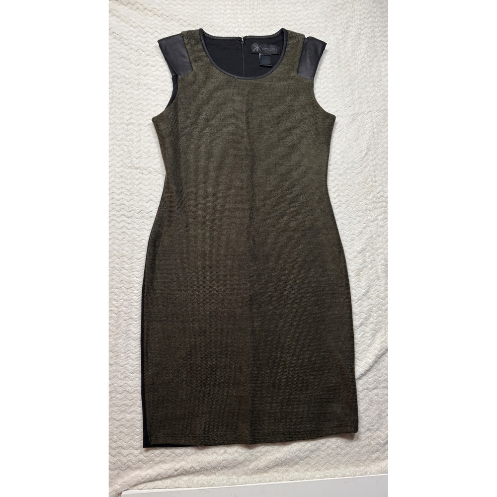 Kardashian Kollection Womens Olive Green Black Faux Leather Trim Shift Dress L